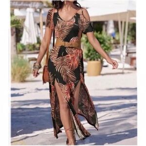 NWOT Lascana Venus cold shoulder maxi dress Size XL elastic waist tropical leaf